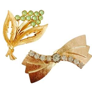 VTG Gold Plated Rhinestone Brooches Cute Bow Pin, Green Flower Bouquet Lot of 2